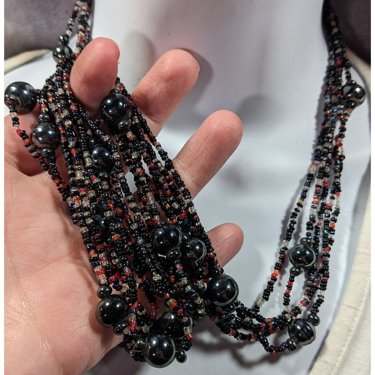 Vintage Elegant Black Red And Clear Glass Beaded Multilayer Necklace