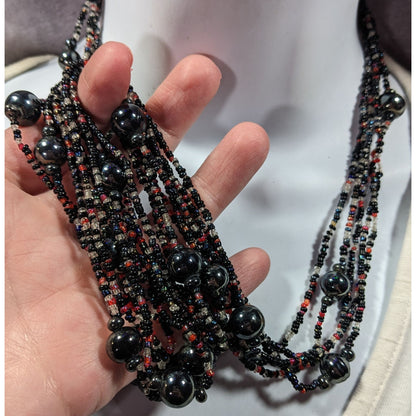 Vintage Elegant Black Red And Clear Glass Beaded Multilayer Necklace