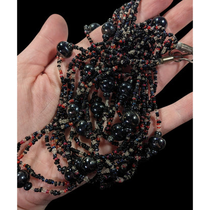 Vintage Elegant Black Red And Clear Glass Beaded Multilayer Necklace