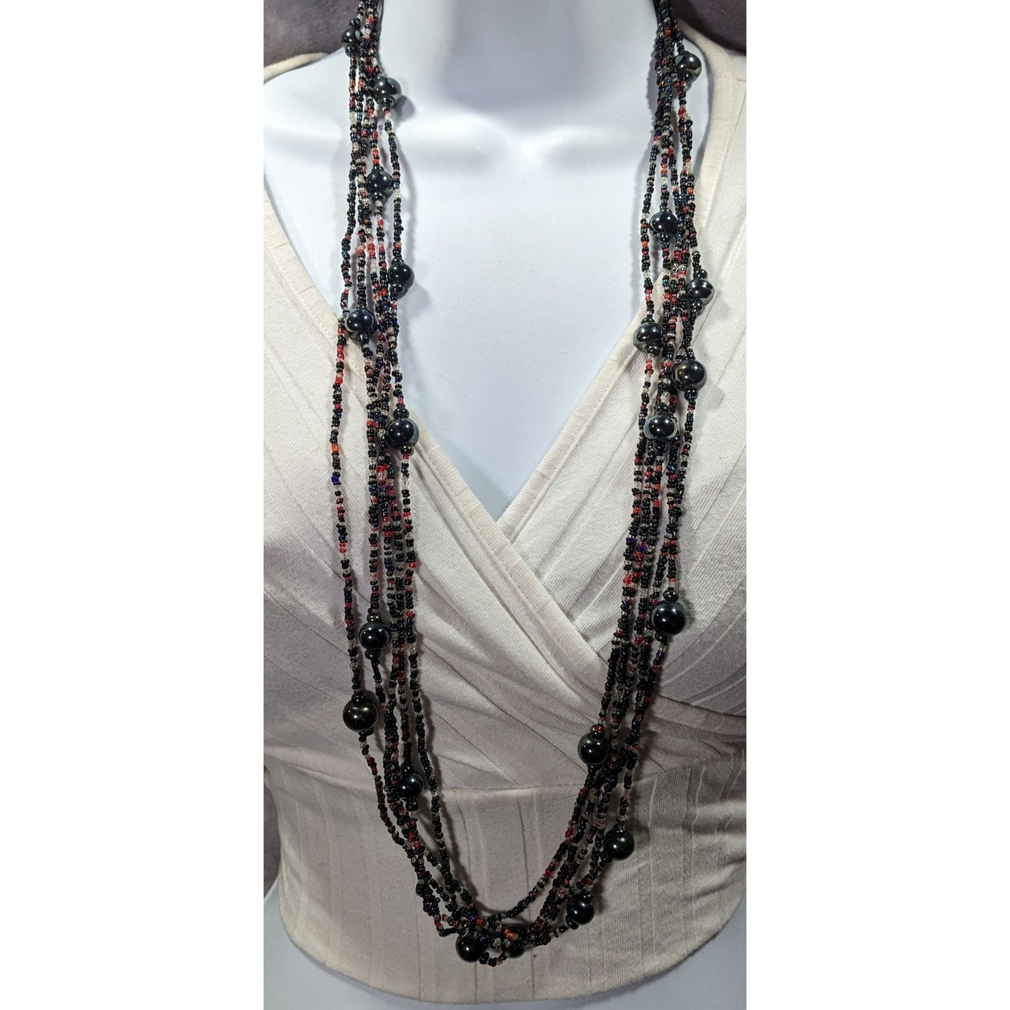 Vintage Elegant Black Red And Clear Glass Beaded Multilayer Necklace