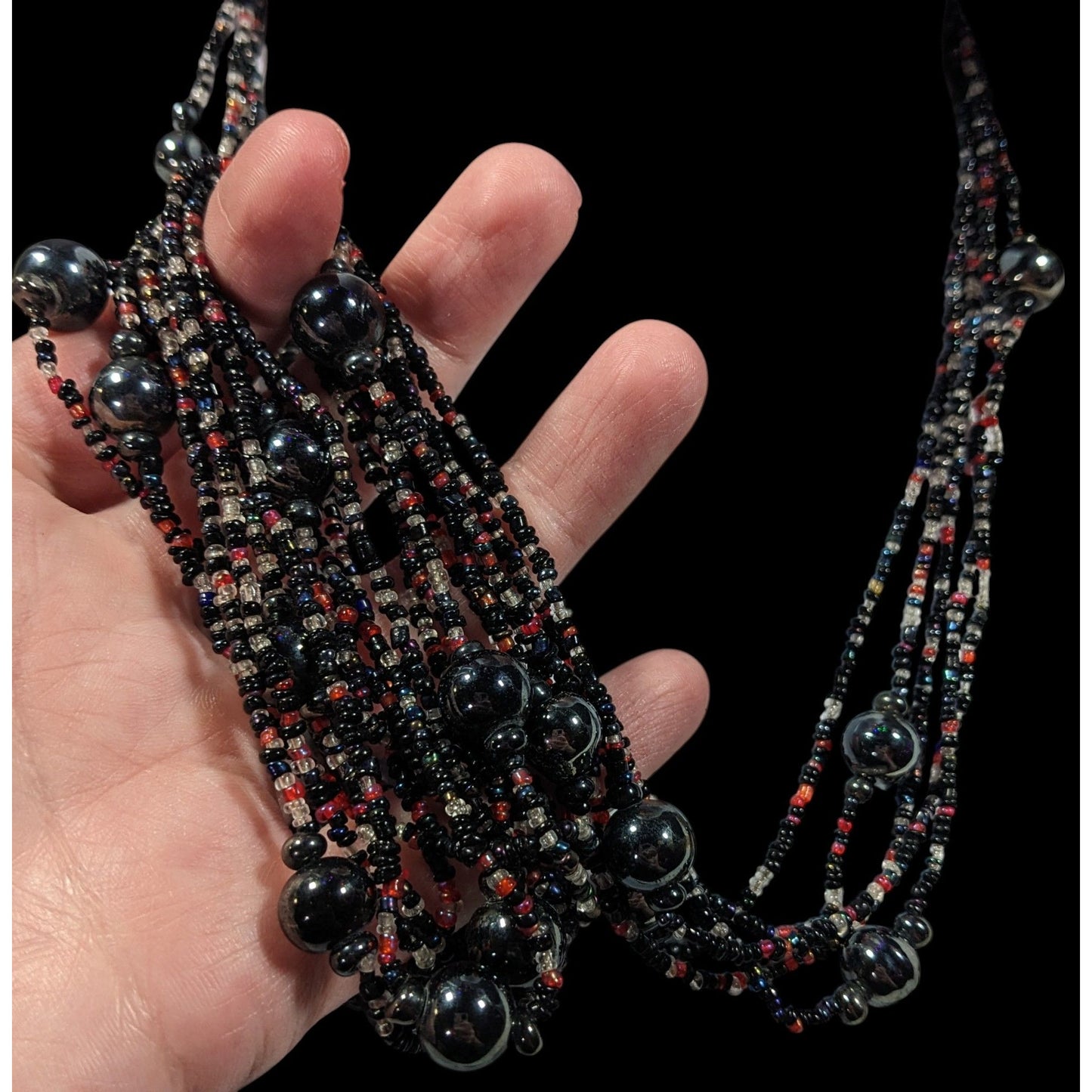 Vintage Elegant Black Red And Clear Glass Beaded Multilayer Necklace