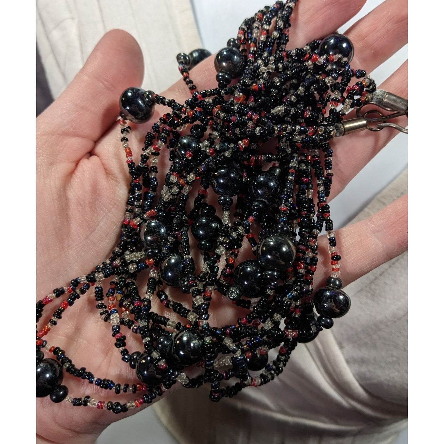Vintage Elegant Black Red And Clear Glass Beaded Multilayer Necklace