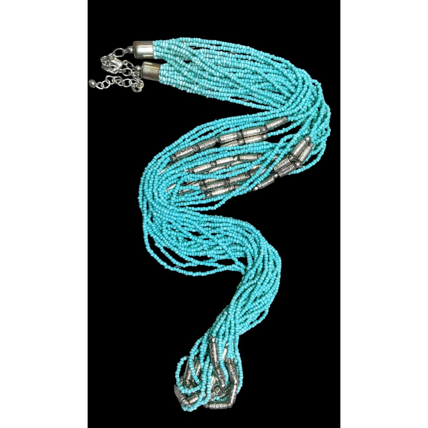 Southwestern Layered Beaded Blue And Silver Tone Glass And Metal Beaded Necklace