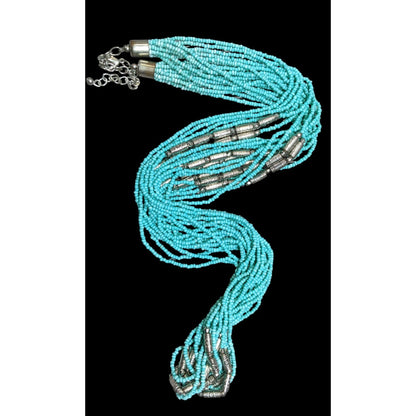 Southwestern Layered Beaded Blue And Silver Tone Glass And Metal Beaded Necklace