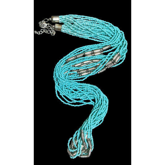 Southwestern Layered Beaded Blue And Silver Tone Glass And Metal Beaded Necklace