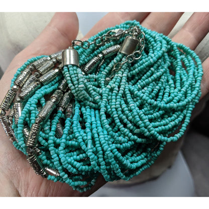 Southwestern Layered Beaded Blue And Silver Tone Glass And Metal Beaded Necklace