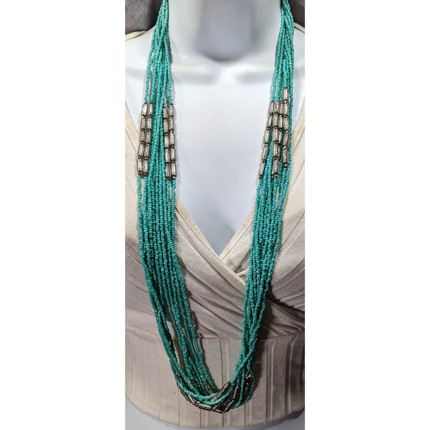 Southwestern Layered Beaded Blue And Silver Tone Glass And Metal Beaded Necklace