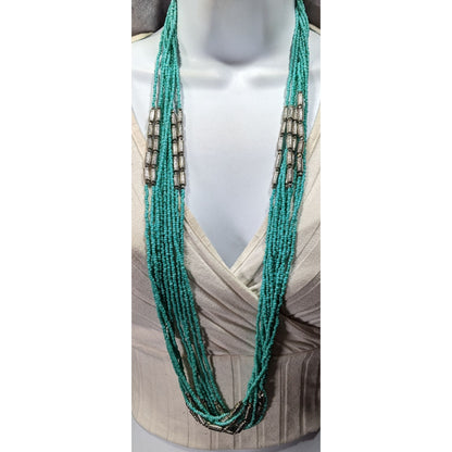 Southwestern Layered Beaded Blue And Silver Tone Glass And Metal Beaded Necklace