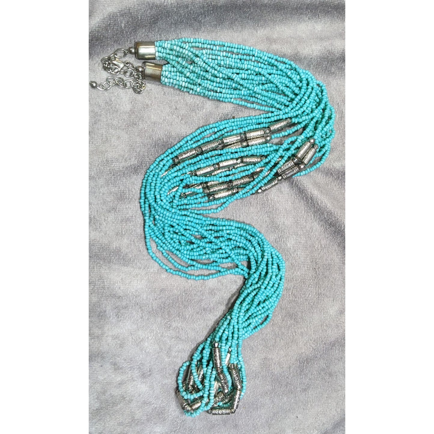 Southwestern Layered Beaded Blue And Silver Tone Glass And Metal Beaded Necklace