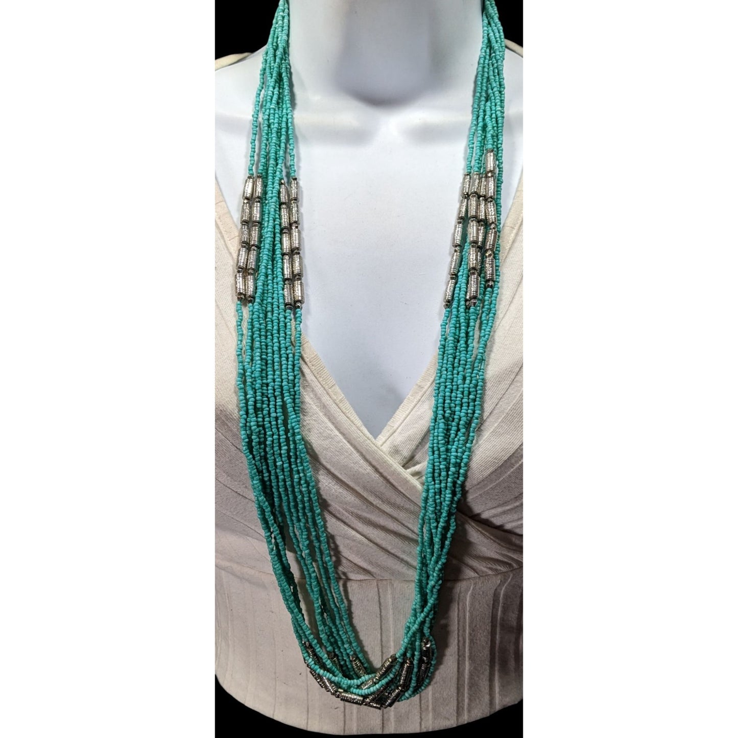 Southwestern Layered Beaded Blue And Silver Tone Glass And Metal Beaded Necklace