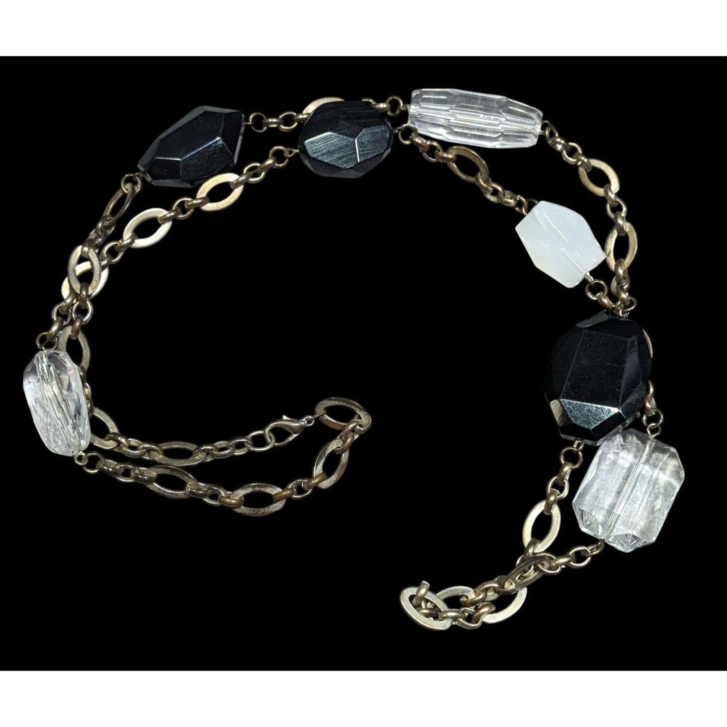 Chunky Black And Clear Gemmed Necklace With Gold Tone Chain