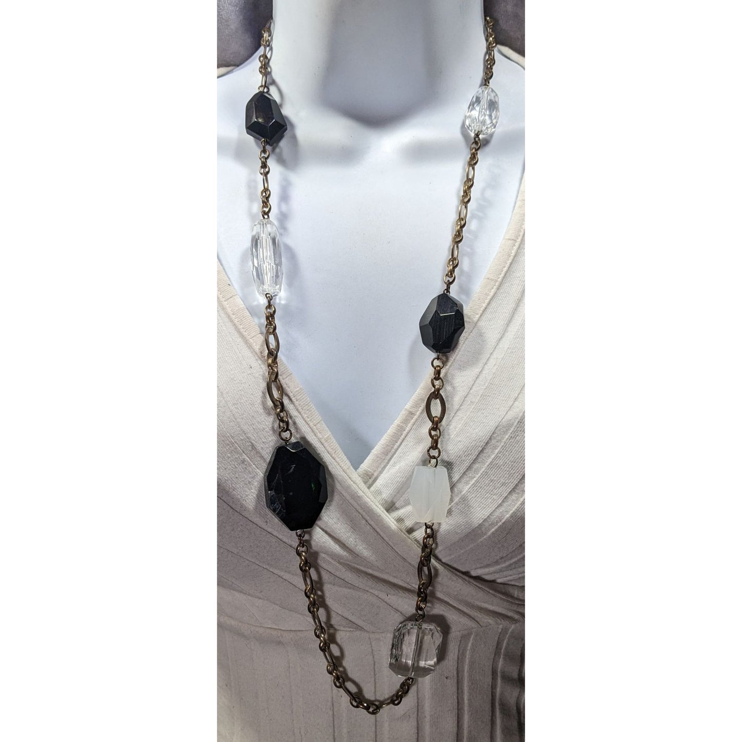 Chunky Black And Clear Gemmed Necklace With Gold Tone Chain