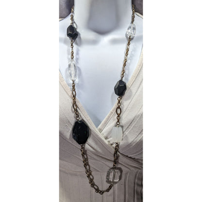 Chunky Black And Clear Gemmed Necklace With Gold Tone Chain