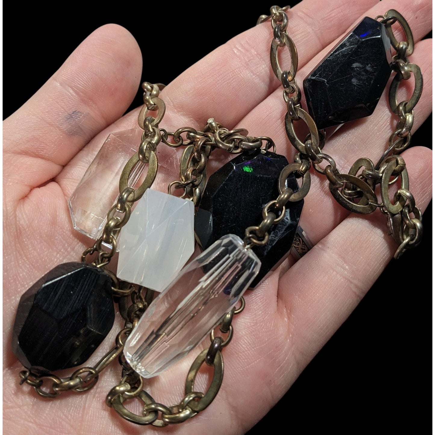 Chunky Black And Clear Gemmed Necklace With Gold Tone Chain