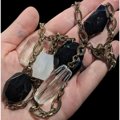 Chunky Black And Clear Gemmed Necklace With Gold Tone Chain