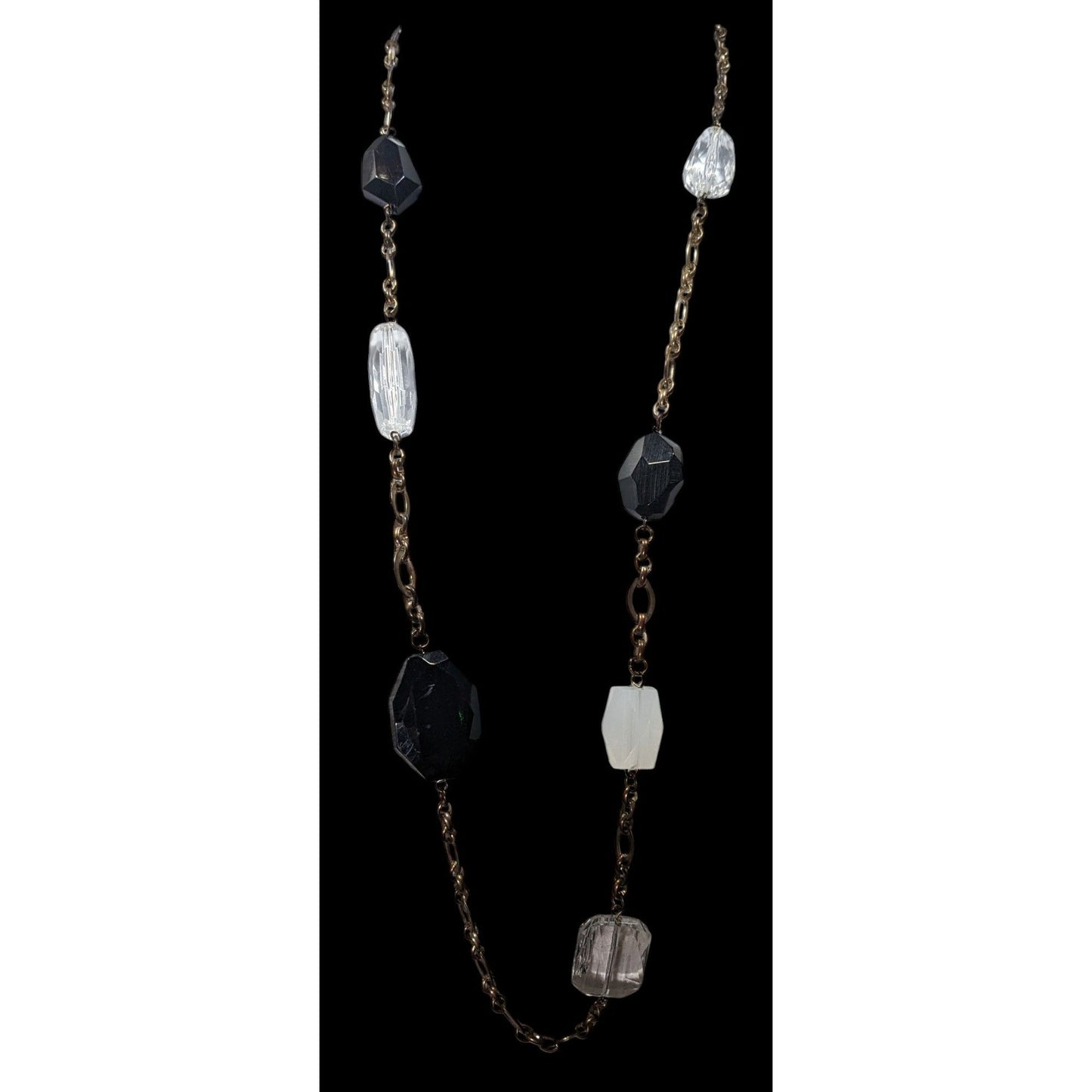 Chunky Black And Clear Gemmed Necklace With Gold Tone Chain