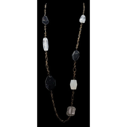 Chunky Black And Clear Gemmed Necklace With Gold Tone Chain