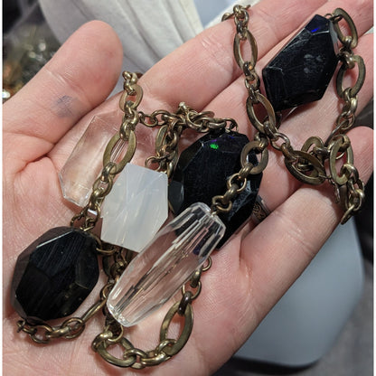 Chunky Black And Clear Gemmed Necklace With Gold Tone Chain