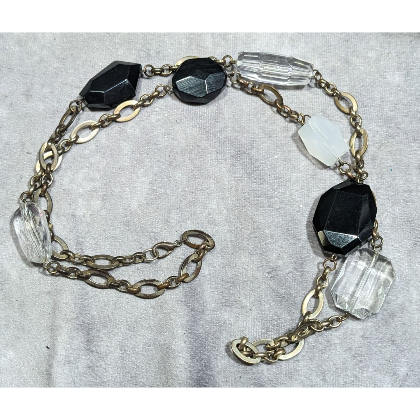 Chunky Black And Clear Gemmed Necklace With Gold Tone Chain