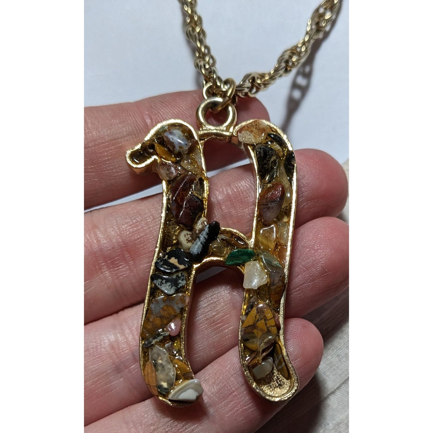 Gemstone Chip H Initial Pendant Necklace