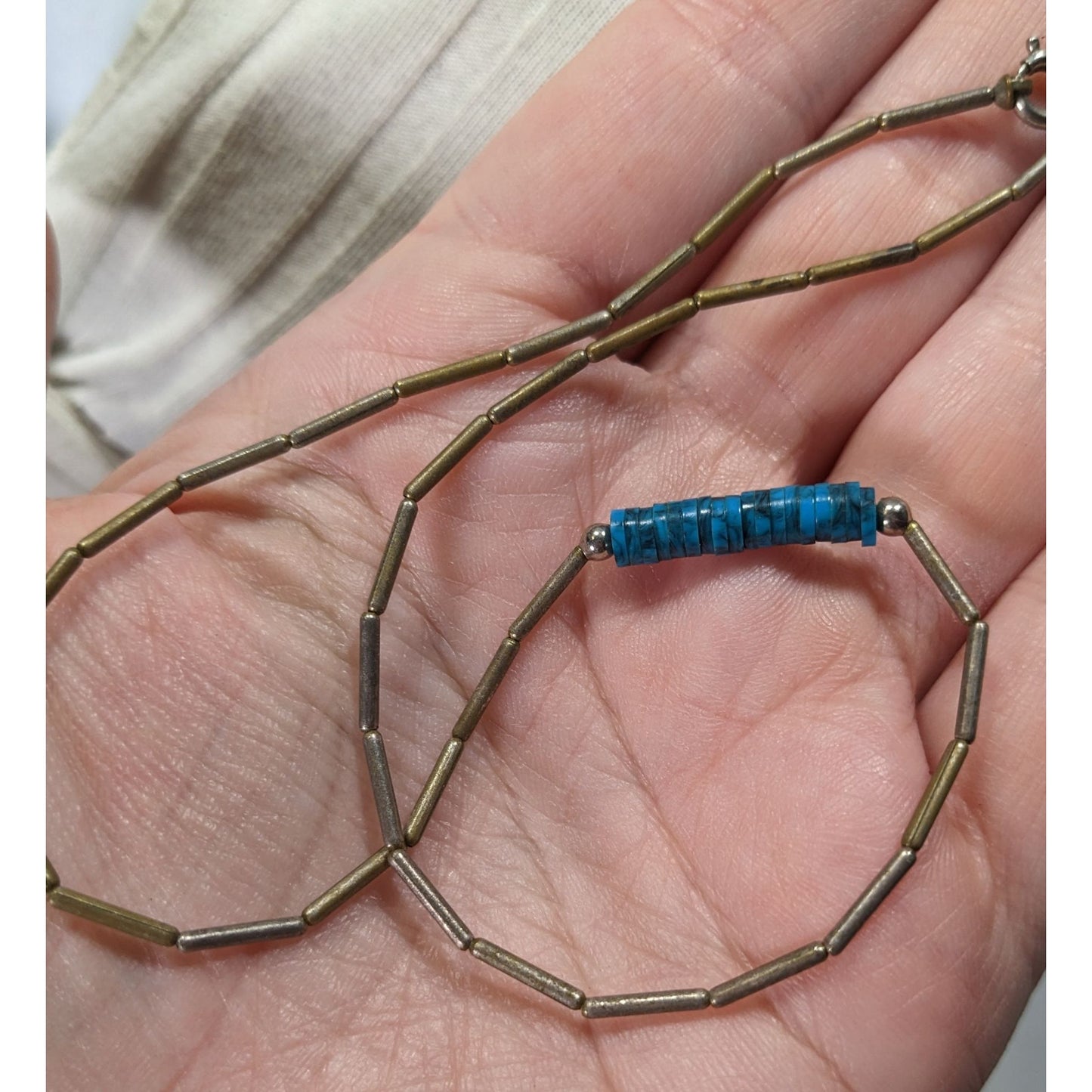 Vintage Native Liquid Silver And Turquoise Beaded Necklace