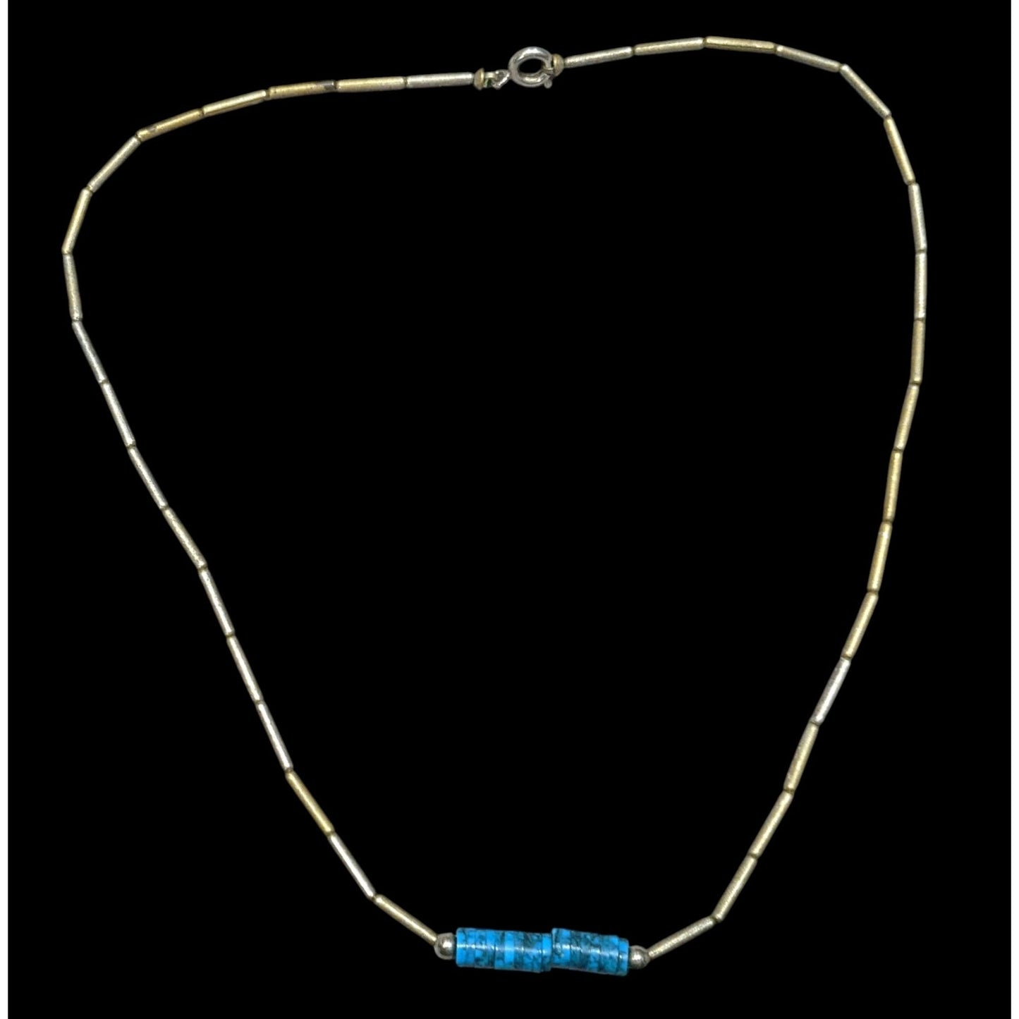 Vintage Native Liquid Silver And Turquoise Beaded Necklace