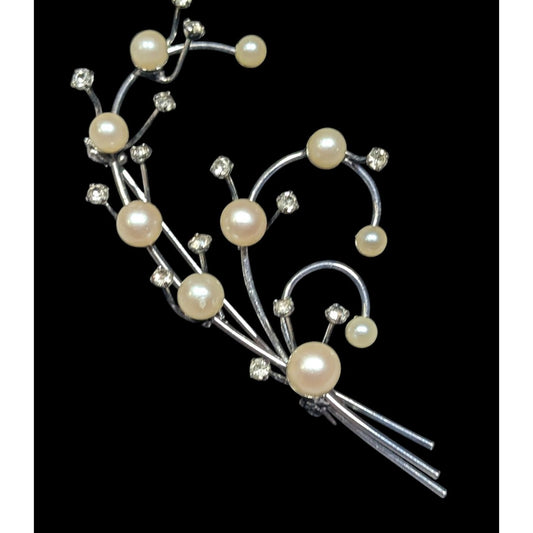 Fairy Bridal Floral Spray Faux Pearl And Rhinestone Brooch