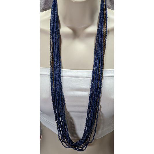 Vintage Multistrand Navy Glass And Bronze Beaded Necklace