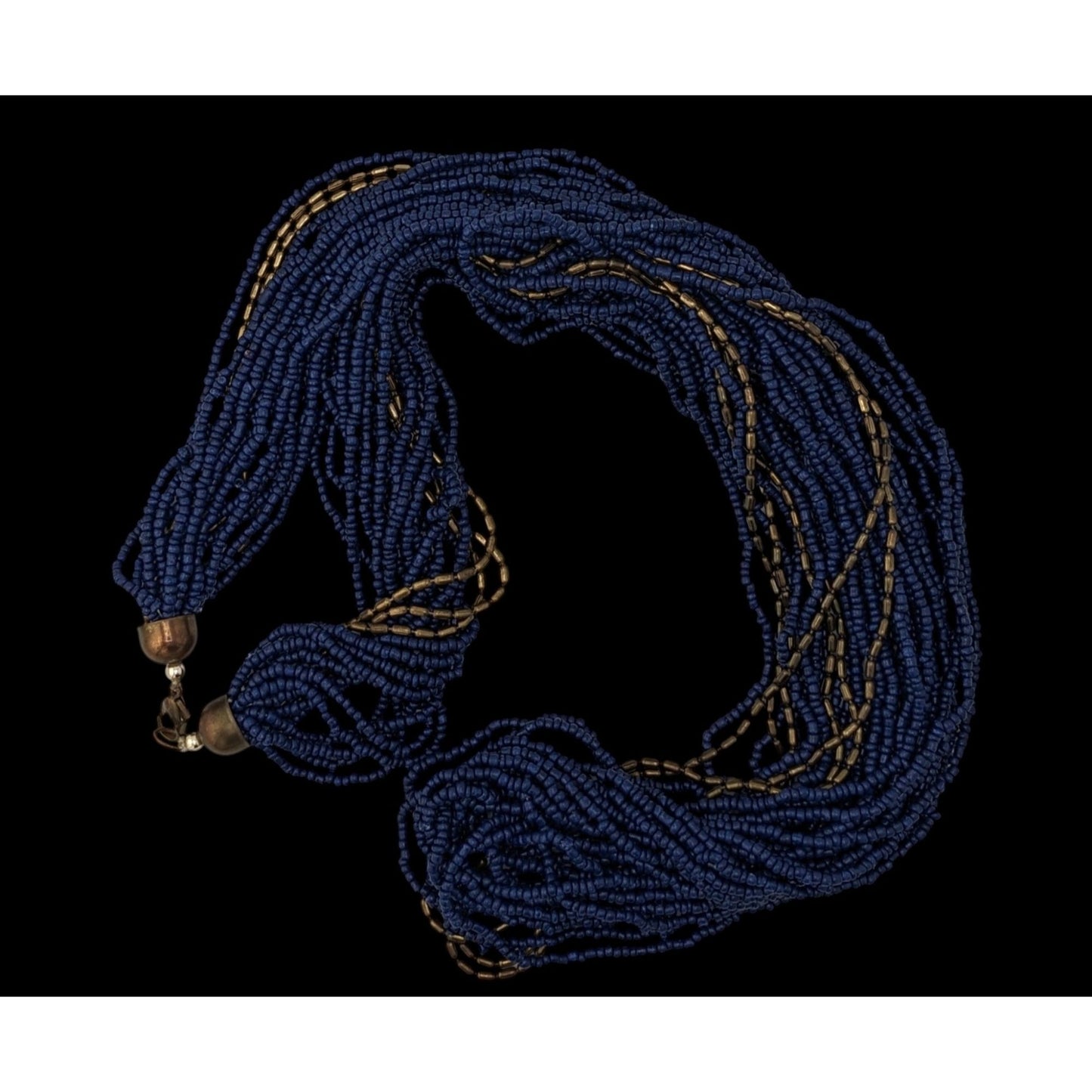 Vintage Multistrand Navy Glass And Bronze Beaded Necklace