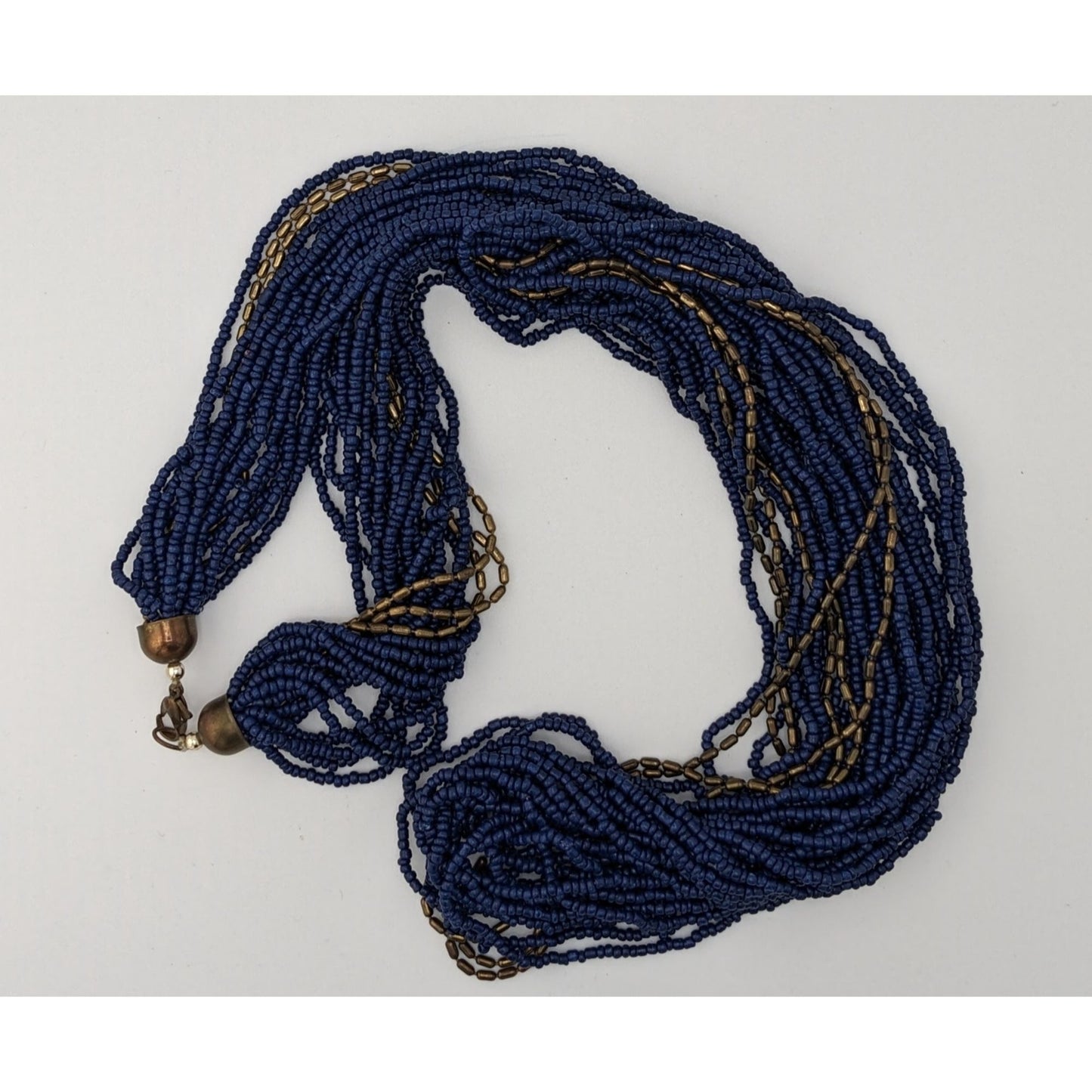 Vintage Multistrand Navy Glass And Bronze Beaded Necklace
