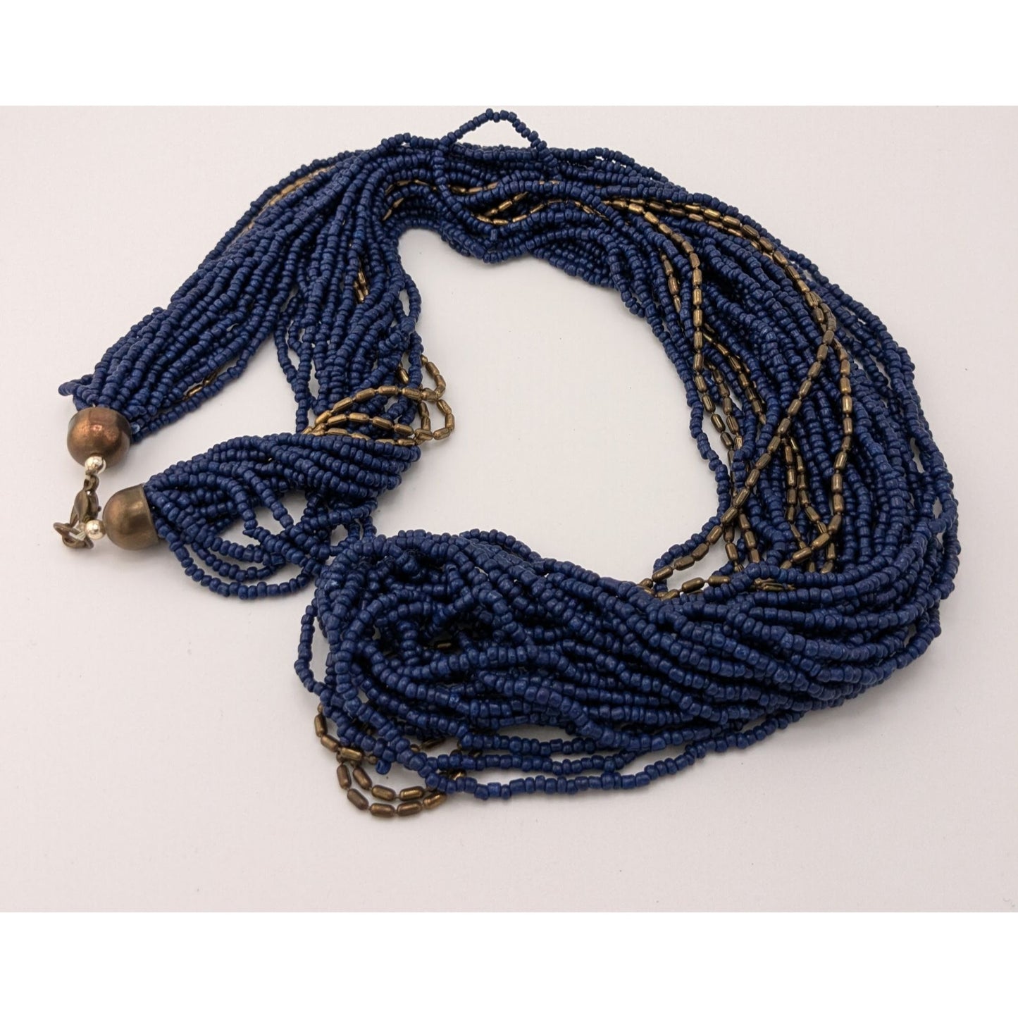 Vintage Multistrand Navy Glass And Bronze Beaded Necklace