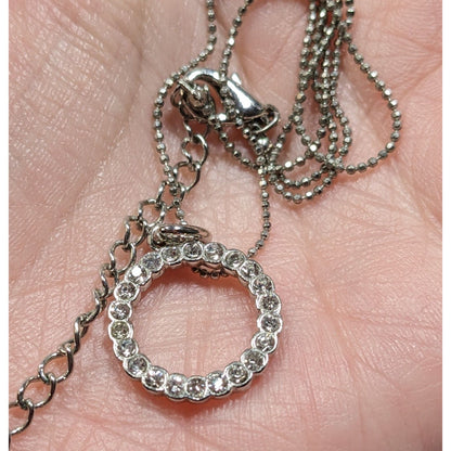 Geometric Glam Silver Tone Round Pendant Necklace With Clear Crystal Accents