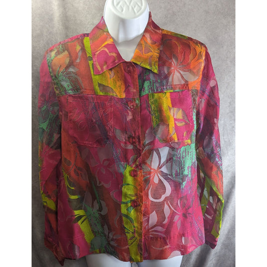 Vintage Sheer Multicolor Floral Button-Up Shirt By Erin London Size S