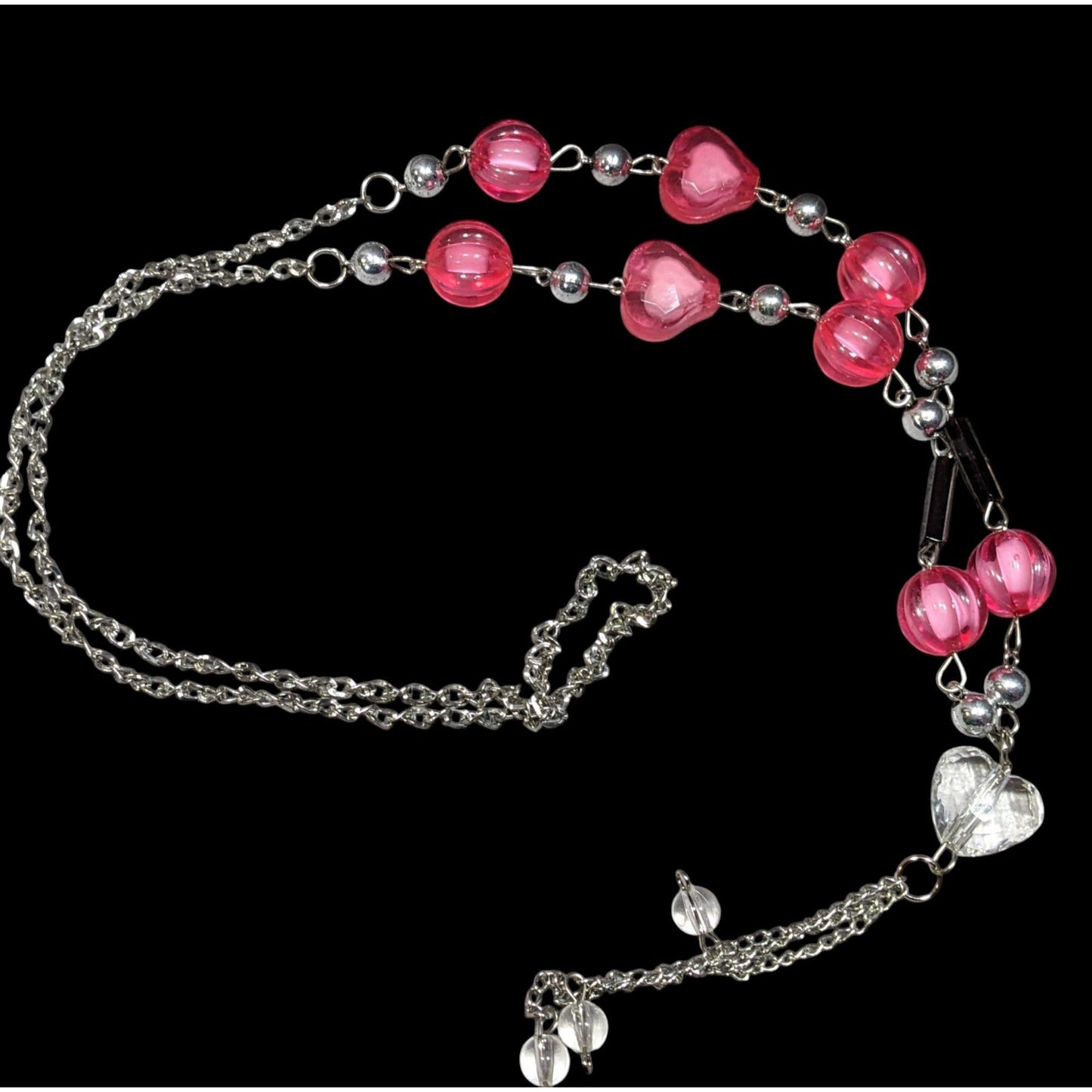 Coquette Heart Pink And Silver Tone Station Necklace With Tassel Accent