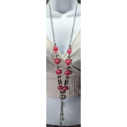 Coquette Heart Pink And Silver Tone Station Necklace With Tassel Accent
