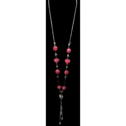 Coquette Heart Pink And Silver Tone Station Necklace With Tassel Accent