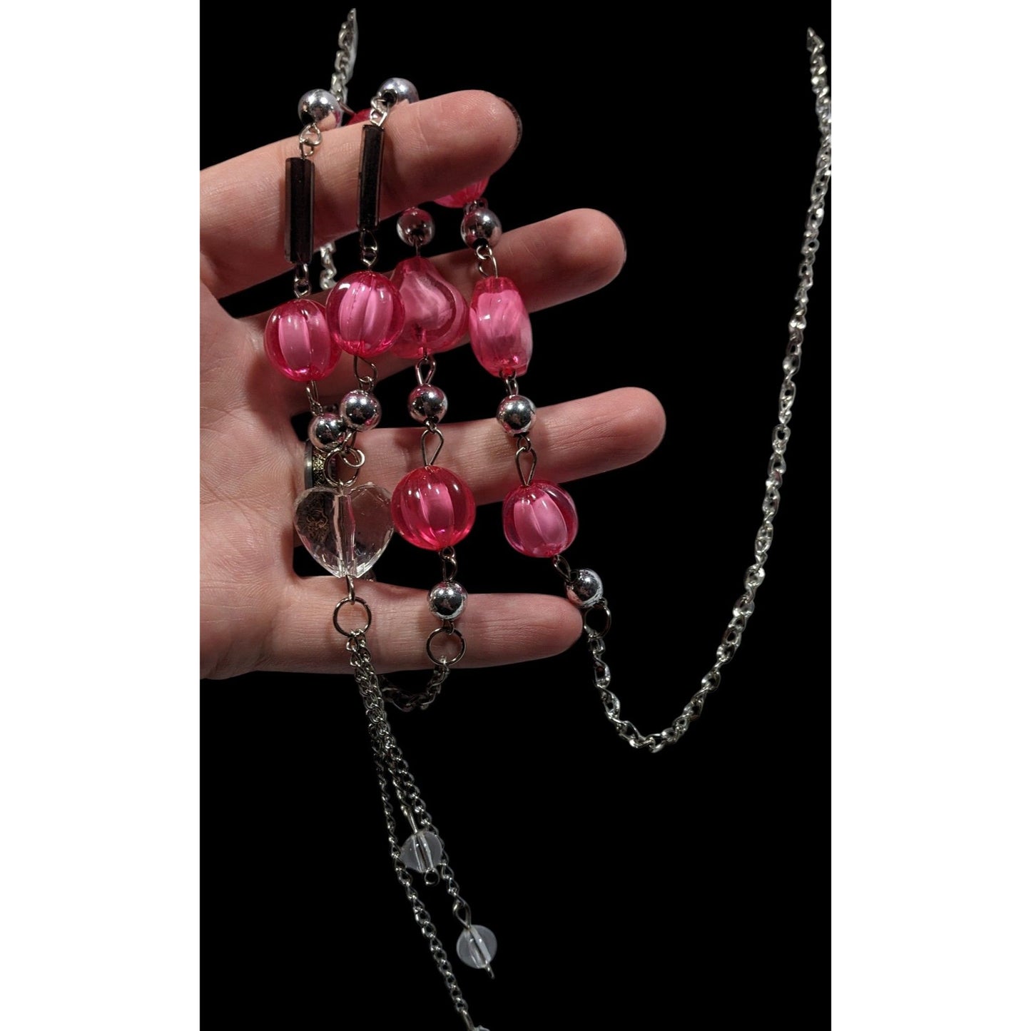Coquette Heart Pink And Silver Tone Station Necklace With Tassel Accent