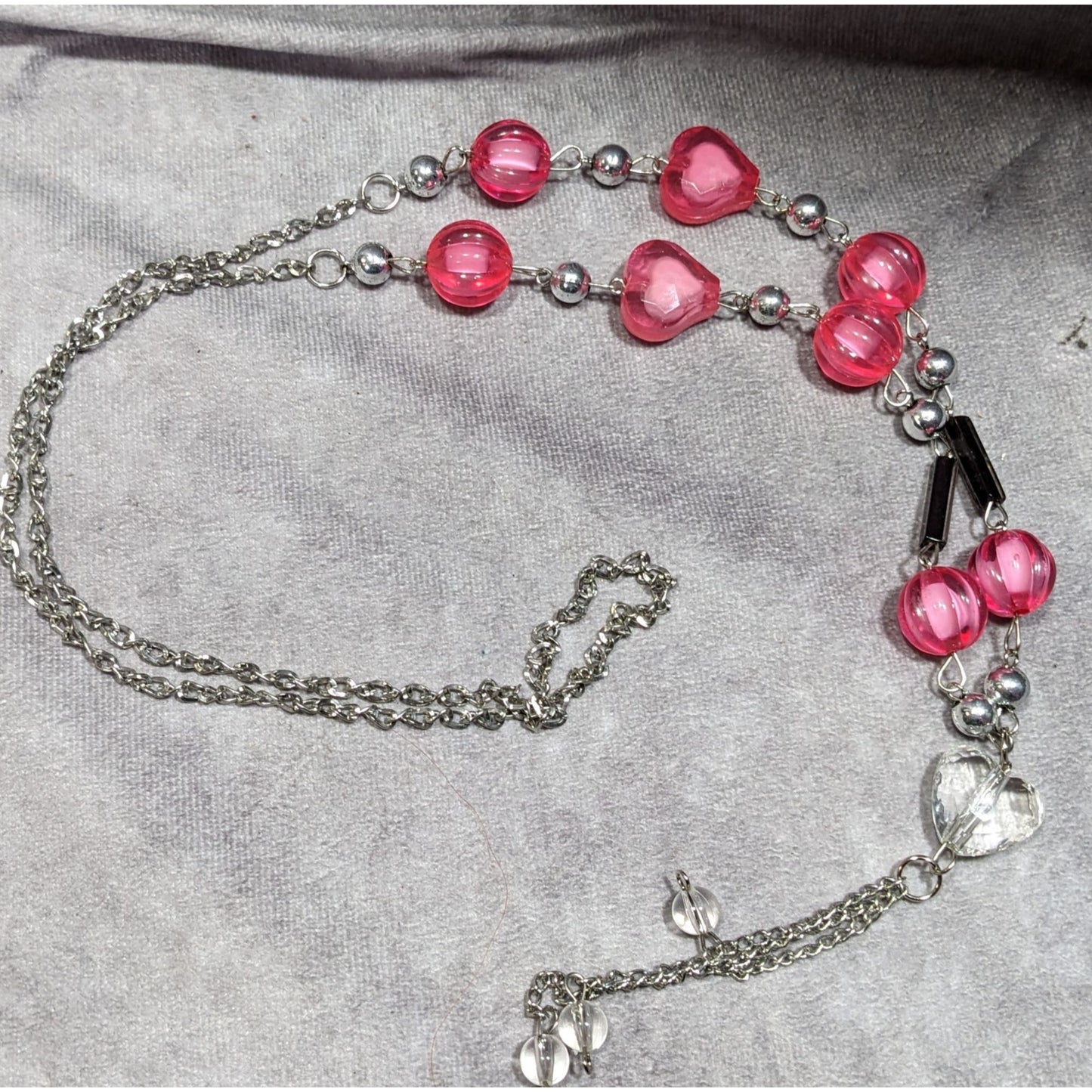 Coquette Heart Pink And Silver Tone Station Necklace With Tassel Accent