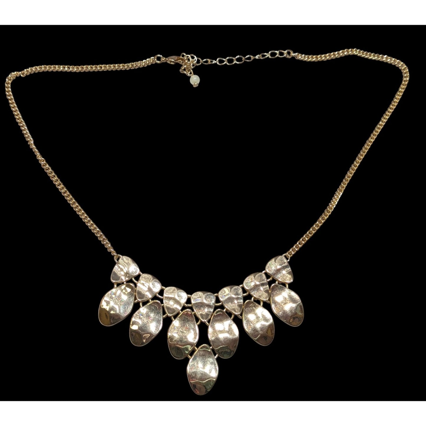 Waterfall Bib Necklace Gold Tone With Hammered Metal Teardrop Charms & Adjustable Chain