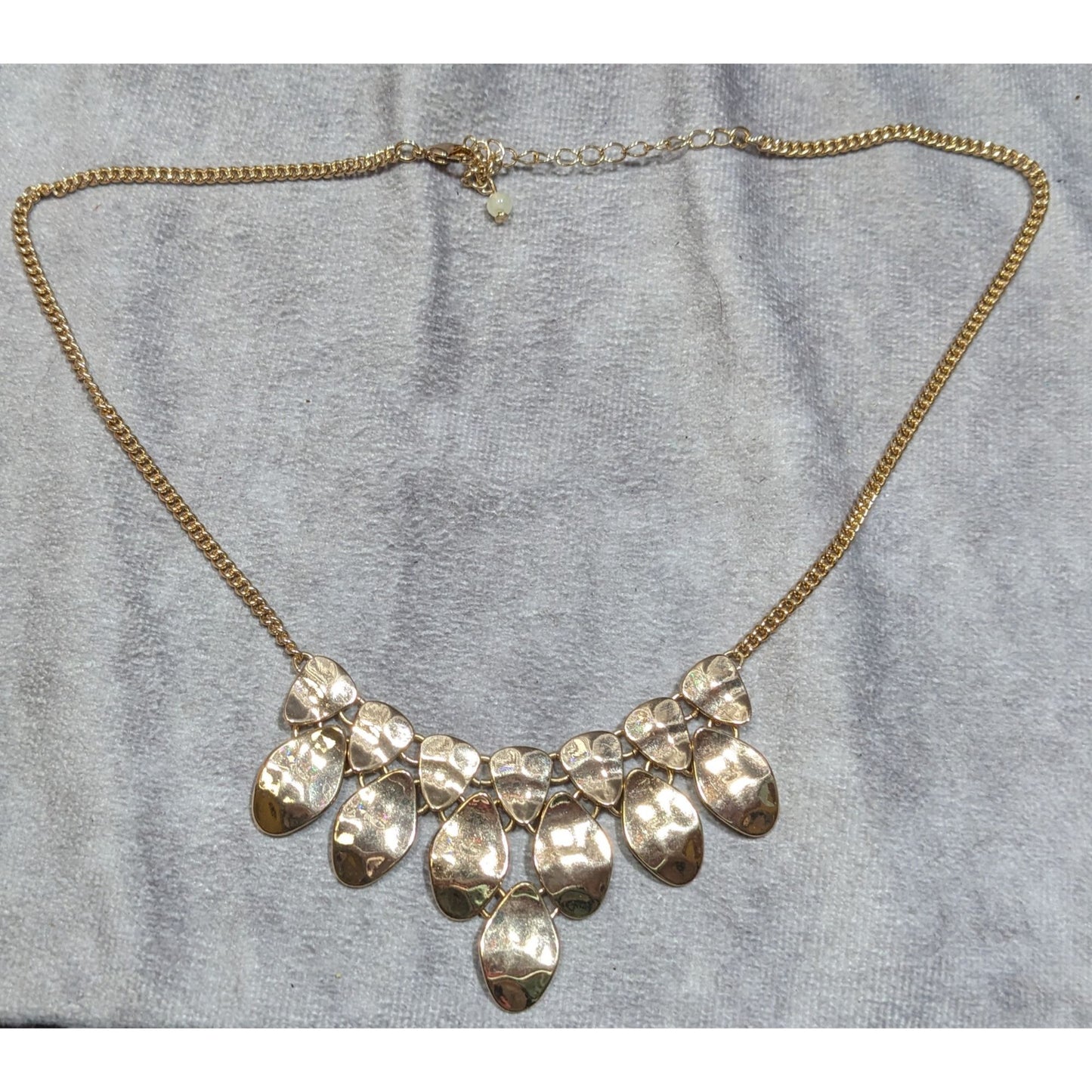 Waterfall Bib Necklace Gold Tone With Hammered Metal Teardrop Charms & Adjustable Chain