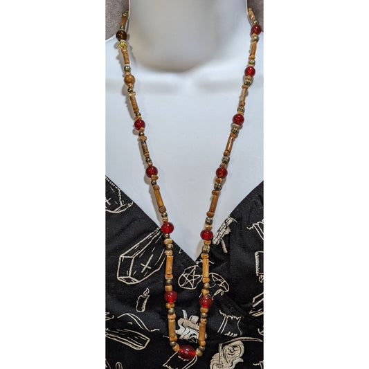 Cottagecore Vintage Long Beaded Necklace Red Glass Wood Boho Statement Jewelry