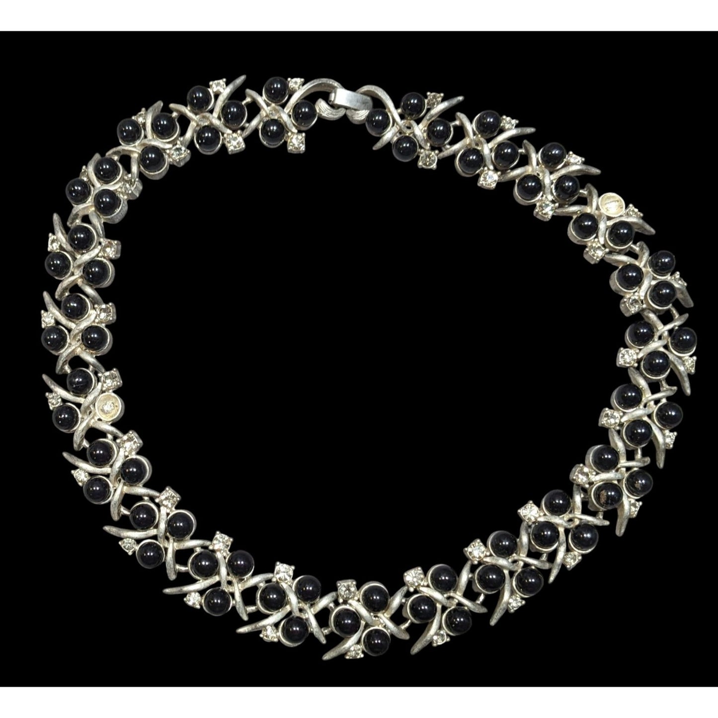 Vintage Black Gem And Rhinestone Studded Silver Tone Necklace