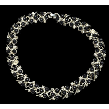 Vintage Black Gem And Rhinestone Studded Silver Tone Necklace