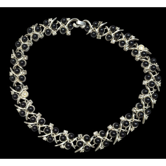 Vintage Black Gem And Rhinestone Studded Silver Tone Necklace