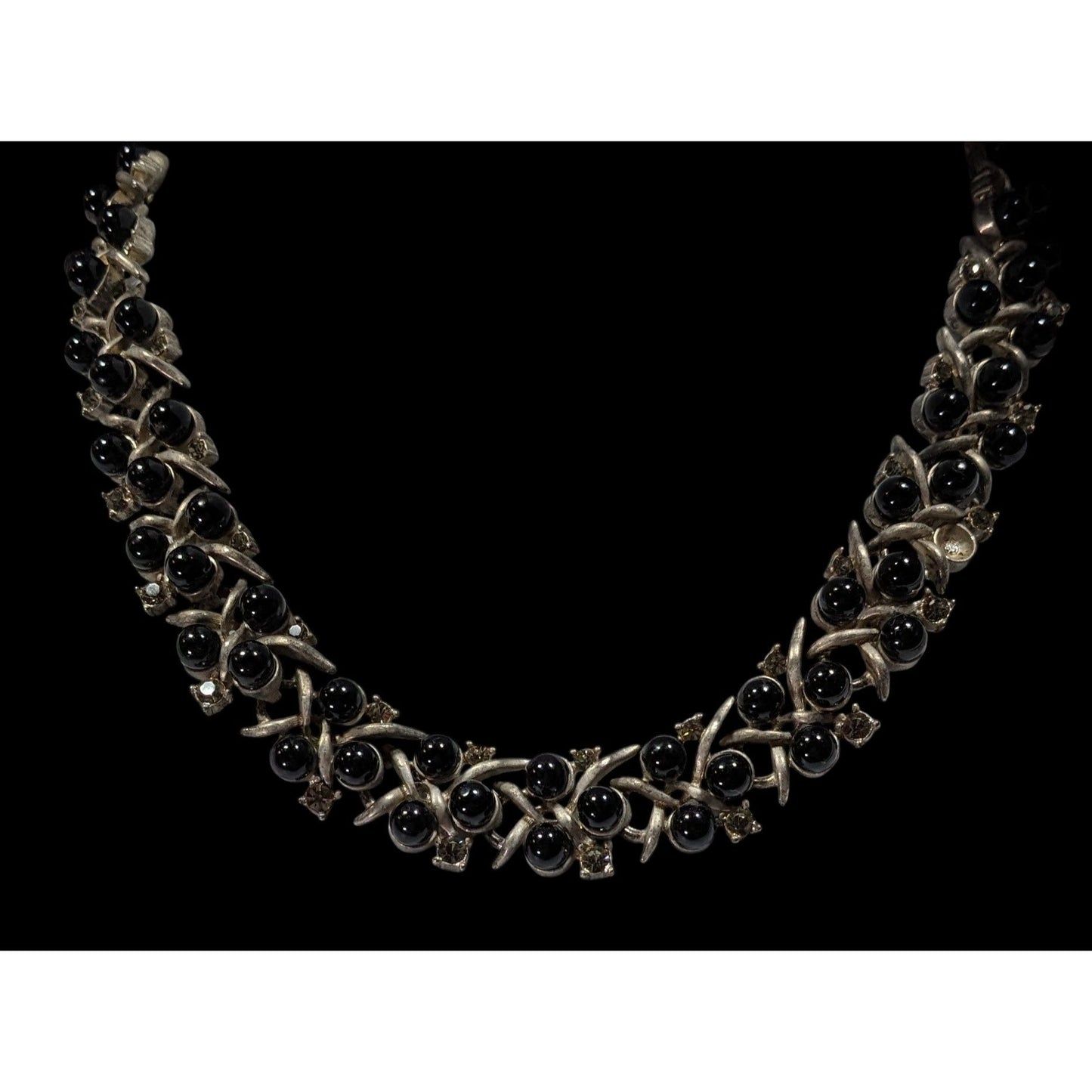 Vintage Black Gem And Rhinestone Studded Silver Tone Necklace