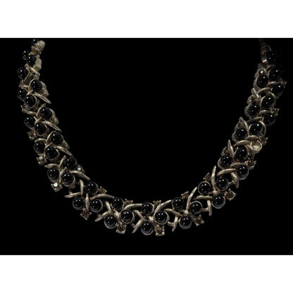 Vintage Black Gem And Rhinestone Studded Silver Tone Necklace