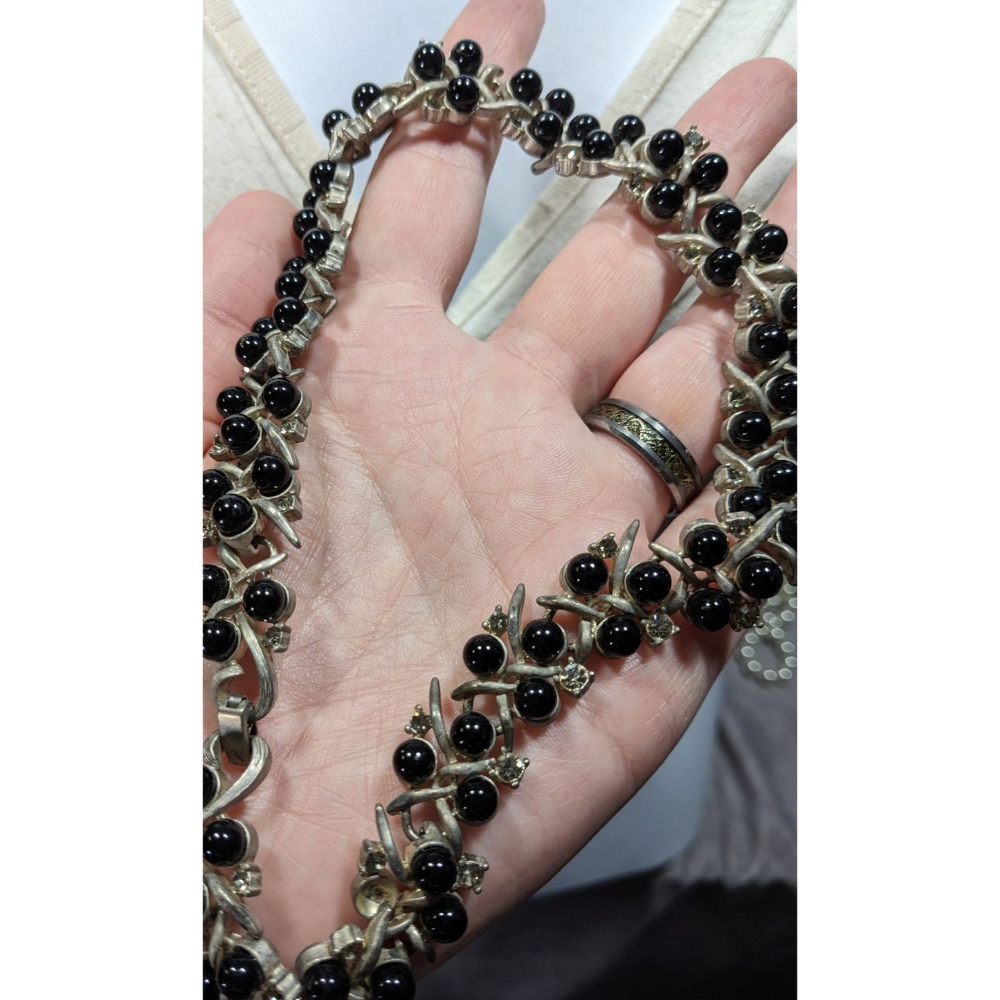 Vintage Black Gem And Rhinestone Studded Silver Tone Necklace