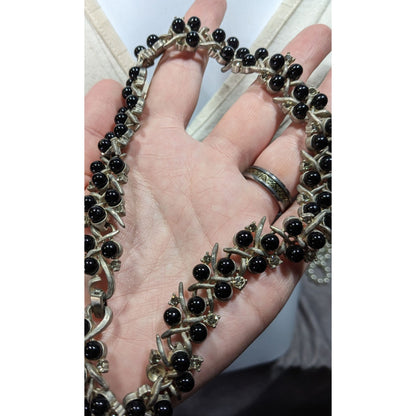 Vintage Black Gem And Rhinestone Studded Silver Tone Necklace
