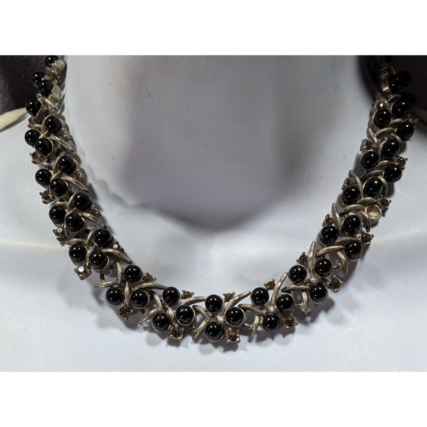 Vintage Black Gem And Rhinestone Studded Silver Tone Necklace