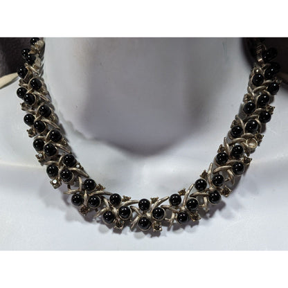 Vintage Black Gem And Rhinestone Studded Silver Tone Necklace